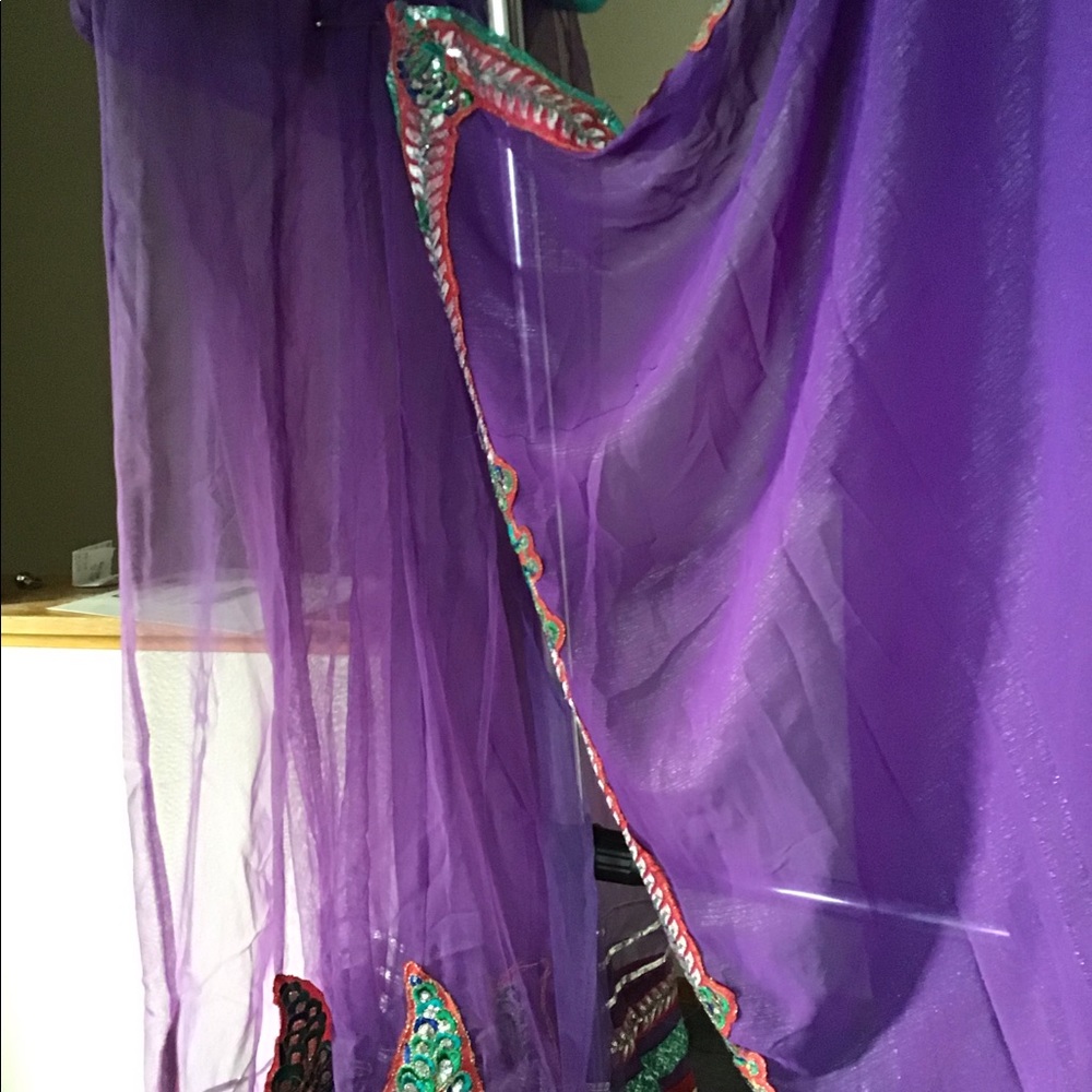 Elegant stitched saree with matching skirt.